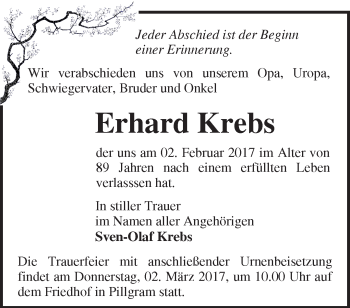 Traueranzeige von Erhard Krebs von Märkische Oderzeitung