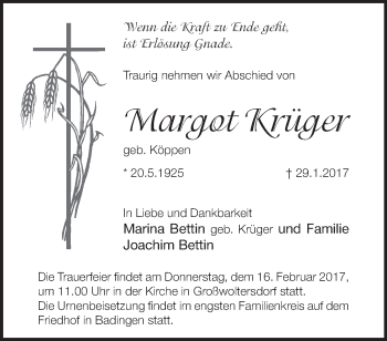 Traueranzeige von Margot Krüger von Märkische Oderzeitung