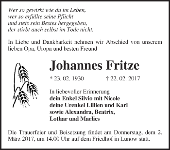 Traueranzeige von Johannes Fritze von Märkische Oderzeitung