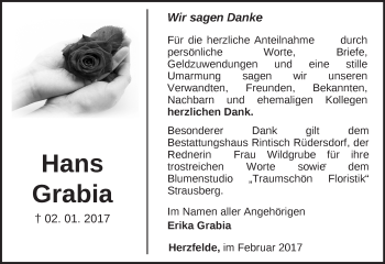 Traueranzeige von Hans Grabia von Märkische Oderzeitung