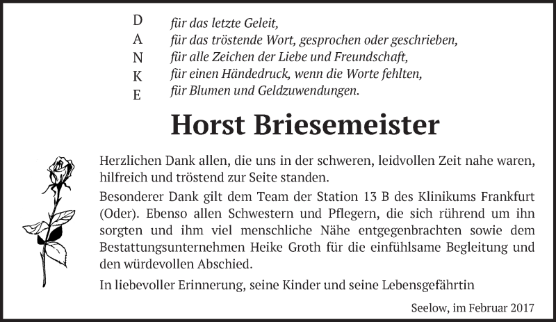  Traueranzeige für Horst Briesemeister vom 25.02.2017 aus Märkische Oderzeitung