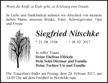 Traueranzeige von Siegfried Nitschke von Märkische Oderzeitung