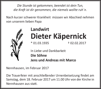 Traueranzeige von Dieter Käpernick von Märkische Oderzeitung