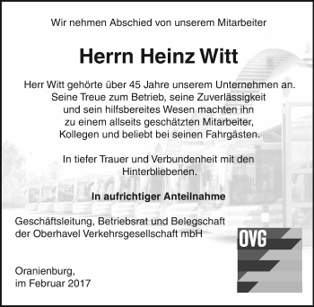 Traueranzeige von Heinz Witt von Märkische Oderzeitung