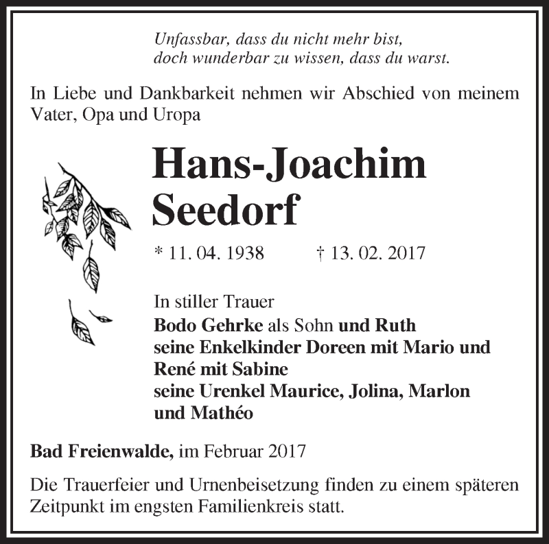  Traueranzeige für Hans-Joachim Seedorf vom 22.02.2017 aus Märkische Oderzeitung