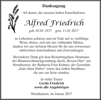 Traueranzeige von Alfred Friedrich von Märkische Oderzeitung