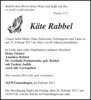 Traueranzeige von Käte Rabbel von Märkische Oderzeitung