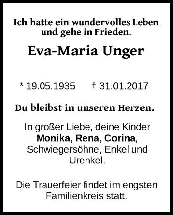Traueranzeige von Eva-Maria Unger von Märkische Oderzeitung