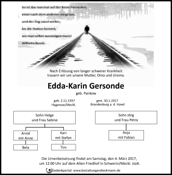 Traueranzeige von Edda-Karin Gersonde von Märkische Oderzeitung