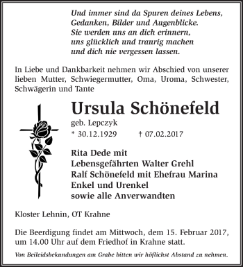 Traueranzeige von Ursula Schönefeld von Märkische Oderzeitung