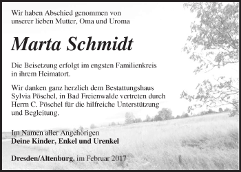 Traueranzeige von Marta Schmidt von Märkische Oderzeitung