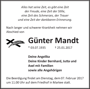 Traueranzeige von Günter Mandt von Märkische Oderzeitung