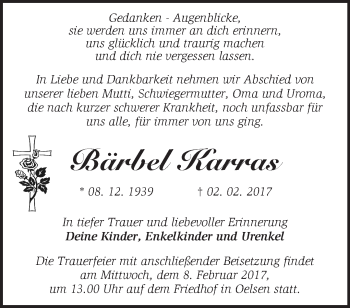 Traueranzeige von Bärbel Karras von Märkische Oderzeitung