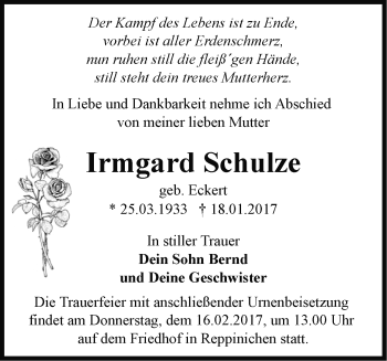 Traueranzeige von Irmgard Schulze von Märkische Oderzeitung