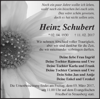 Traueranzeige von Heinz Schubert von Märkische Oderzeitung