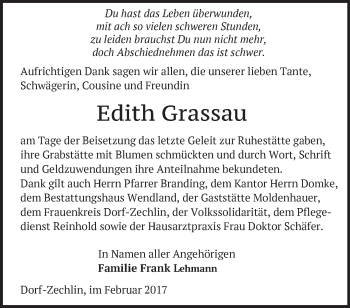 Traueranzeige von Edith Grassau von Märkische Oderzeitung