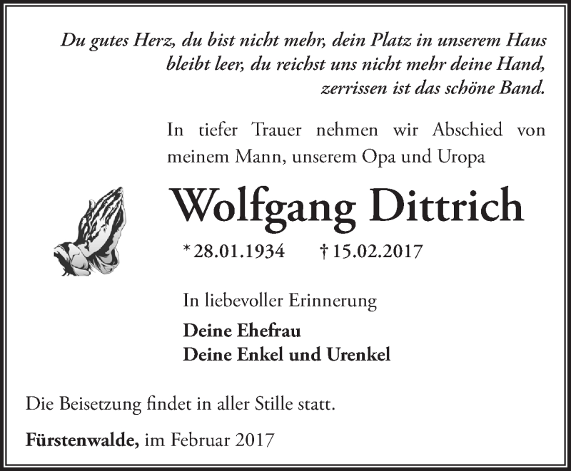  Traueranzeige für Wolfgang Dittrich vom 25.02.2017 aus Märkische Oderzeitung