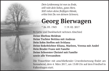 Traueranzeige von Georg Bierwagen von Märkische Oderzeitung