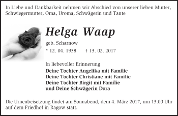 Traueranzeige von Helga Waap von Märkische Oderzeitung