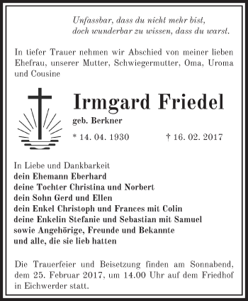 Traueranzeige von Irmgard Friedel von Märkische Oderzeitung