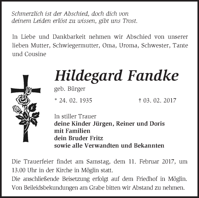  Traueranzeige für Hildegard Fandke vom 08.02.2017 aus Märkische Oderzeitung