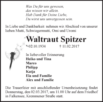 Traueranzeige von Waltraut Spitzer von Märkische Oderzeitung