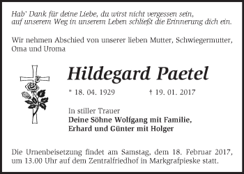 Traueranzeige von Hildegard Paetel von Märkische Oderzeitung