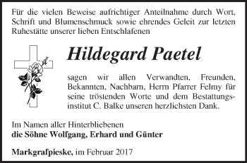 Traueranzeige von Hildegard Paetel von Märkische Oderzeitung