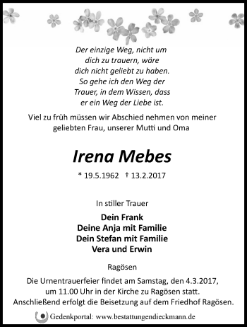 Traueranzeige von Irena Mebes von Märkische Oderzeitung