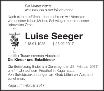 Traueranzeige von Luise Seeger von Märkische Oderzeitung