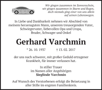 Traueranzeige von Gerhard Varchmin von Märkische Oderzeitung