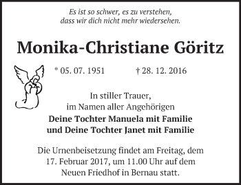 Traueranzeige von Monika-Christiane Göritz von Märkische Oderzeitung