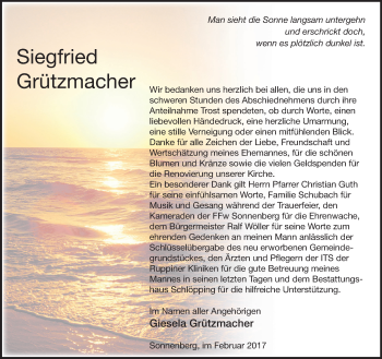 Traueranzeige von Siegfried Grützmacher von Märkische Oderzeitung