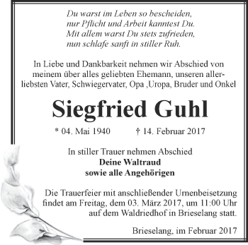 Traueranzeige von Siegfried Guhl von Märkische Oderzeitung