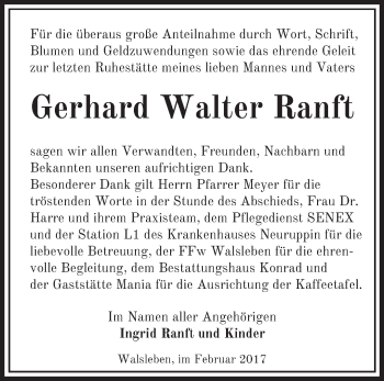 Traueranzeige von Gerhard Walter Ranft von Märkische Oderzeitung