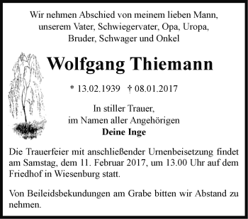 Traueranzeige von Wolfgang Thiemann von Märkische Oderzeitung