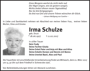 Traueranzeige von Irma Schulze von Märkische Oderzeitung