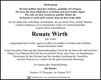 Traueranzeige von Renate Wirth von Märkische Oderzeitung