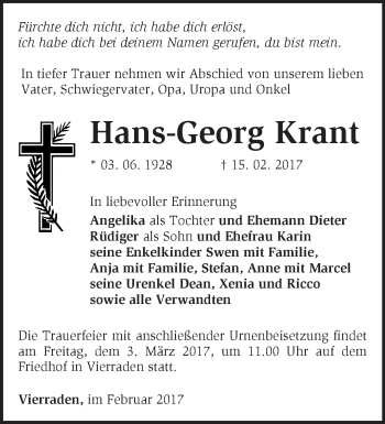 Traueranzeige von Hans-Georg Krant von Märkische Oderzeitung