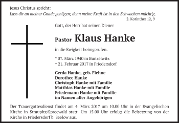 Traueranzeige von Klaus Hanke von Märkische Oderzeitung