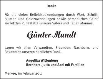 Traueranzeige von Günter Mandt von Märkische Oderzeitung