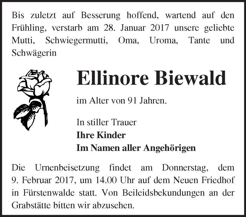  Traueranzeige für Ellinore Biewald vom 04.02.2017 aus Märkische Oderzeitung