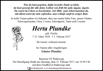 Traueranzeige von Herta Plundke von Märkische Oderzeitung