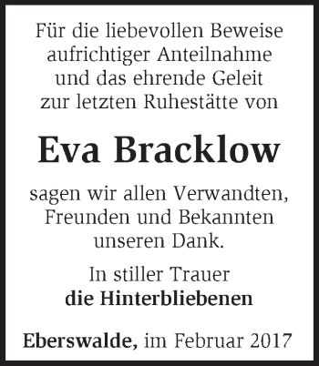 Traueranzeige von Eva Bracklow von Märkische Oderzeitung