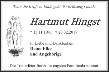 Traueranzeige von Hartmut Hingst von Märkische Oderzeitung