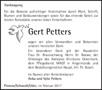 Traueranzeige von Gert Petters von Märkische Oderzeitung