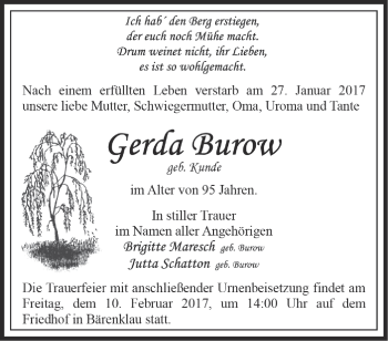 Traueranzeige von Gerda Burow von Märkische Oderzeitung