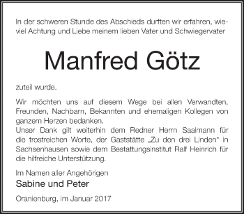 Traueranzeige von Manfred Götz von Märkische Oderzeitung