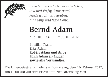 Traueranzeige von Bernd Adam von Märkische Oderzeitung