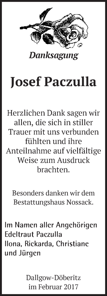 Traueranzeige von Josef Paczulla von Märkische Oderzeitung